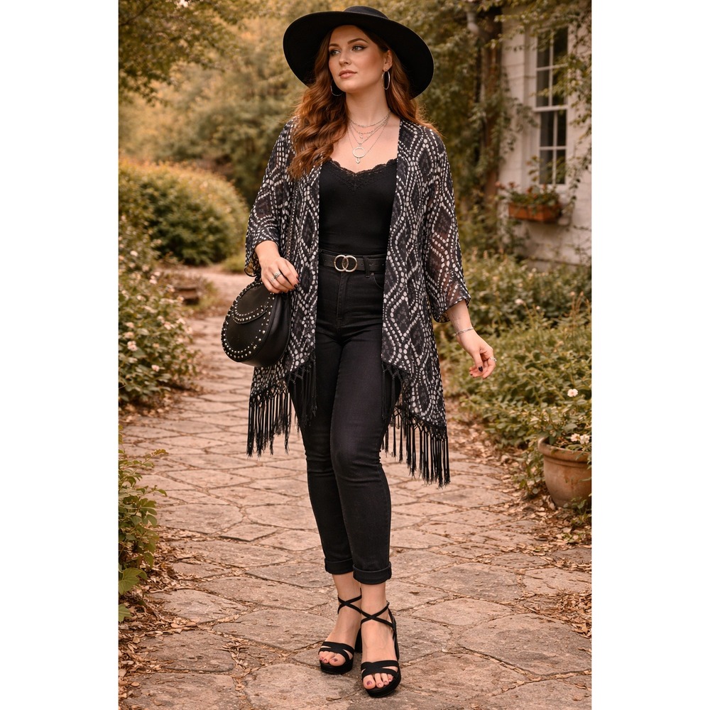Boho Whimsigoth Semi Sheer BlackWhite PolkaDot Diamond Fringe Kimono S‎ Cardigan